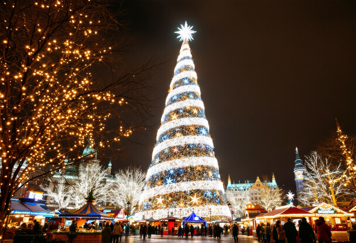 Albero di Natale illuminato a Milano in vista delle Olimpiadi